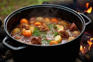 open dutch oven revealing thick, hearty stew inside, created with generative ai