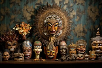 artistic arrangement of balinese masks outdoors, created with generative ai