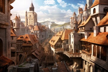 historic european town with medieval towers and rooftops, created with generative ai