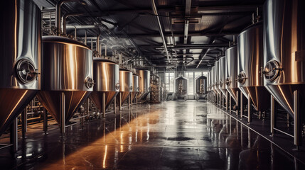 Fototapeta premium Brewery. Modern beer plant with brewering kettles, tubes and tanks made of stainless steel
