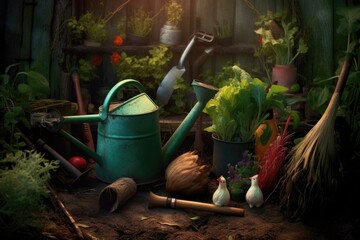 watering can and gardening tools on fertile soil, created with generative ai