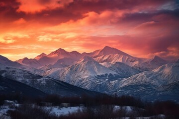 snow-capped mountain range with dramatic sunset in the background, created with generative ai