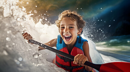 Happy and excited boy riding small boat through the waves