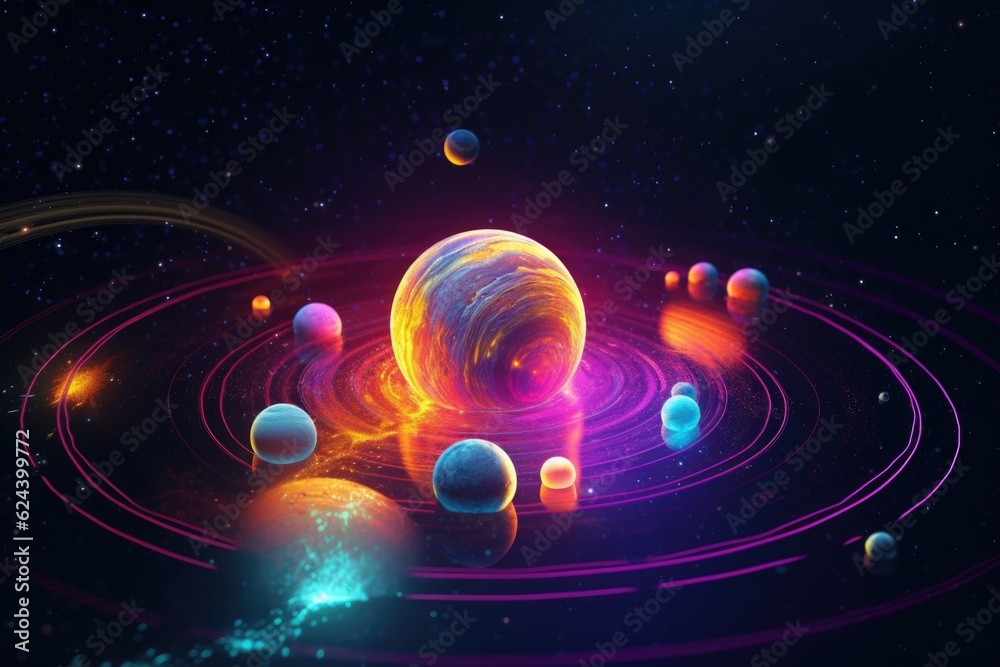 Wall mural neon solar system with planets and stars in space, created with generative ai