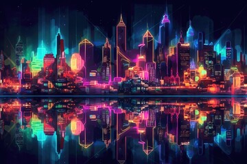 futuristic glowing neon cityscape at night, created with generative ai