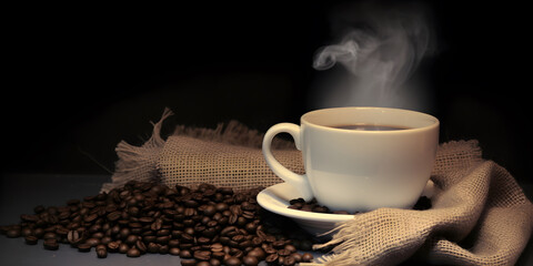 Hot coffee cup and coffee seeds. Background wallpaper