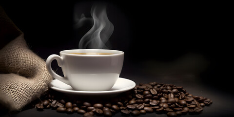 Hot coffee cup and coffee seeds. Background wallpaper