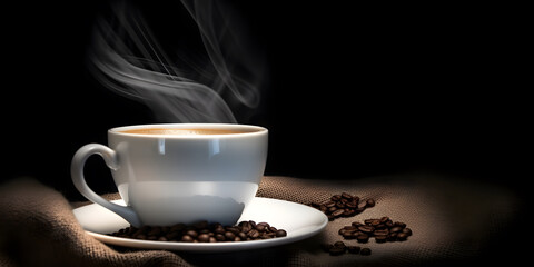 Hot coffee cup and coffee seeds. Background wallpaper