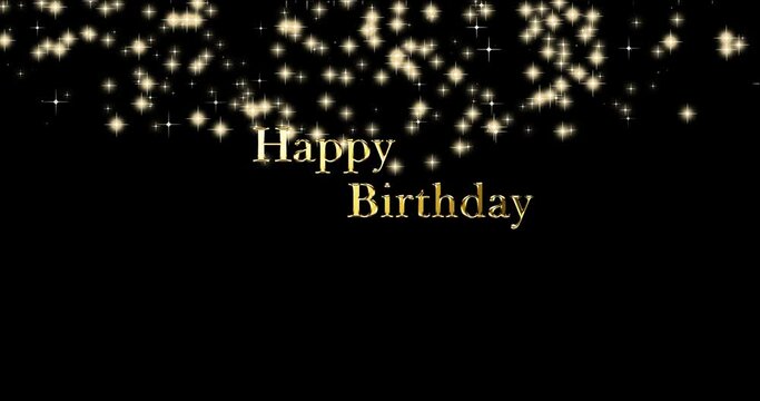 移動する金色の星のパーティクルの輝きの中から「HappyBirthday」の文字が出てくるアニメーション素材(背景透過)アルファチャンネル付MOV 