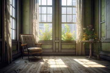 room with large windows and a single chair, created with generative ai