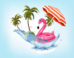 Summer vacation background. with Travel items, flamingo and palm trees on the water splash. Vector. © ecco