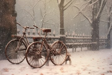 Fototapeta na wymiar snow-covered tandem bicycle waiting for riders, created with generative ai