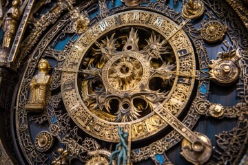 Fototapeta na wymiar close-up of intricate gears inside astronomical clock, created with generative ai