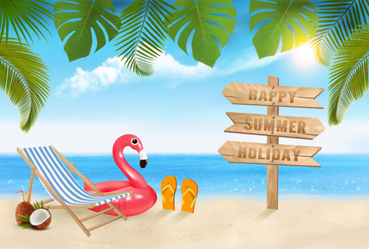 Summer vacation background. with Travel items and flamingo on the sea. Vector.