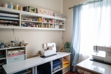 sewing room with tidy shelves, sewing machine, and fabric samples, created with generative ai