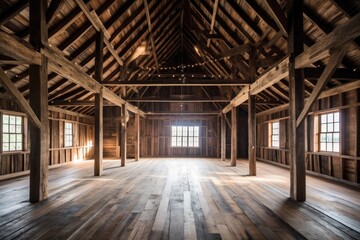 interior shot of restored barn showcasing wooden beams, created with generative ai