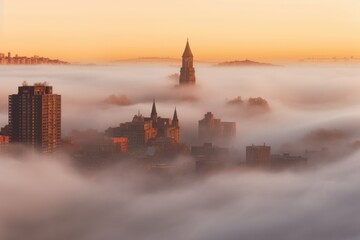 misty morning skyline with fog engulfing buildings, created with generative ai