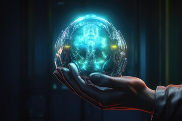 Fototapeta na wymiar futuristic robot hand holding a glowing orb, created with generative ai