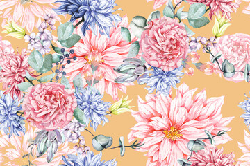 Seamless pattern of rose,chrysanthemum and Blooming flowers with watercolor for fabric luxurious and wallpaper, vintage style.Floral pattern illustration.Botany background.