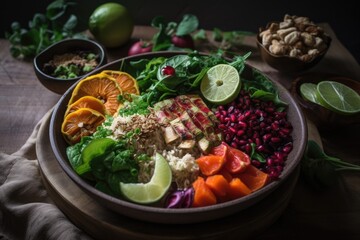 a nutrient-dense meal, with ingredients sourced from local farms and markets, created with generative ai