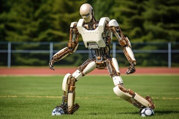 Fototapeta na wymiar robotic leg kicking a soccer ball, created with generative ai