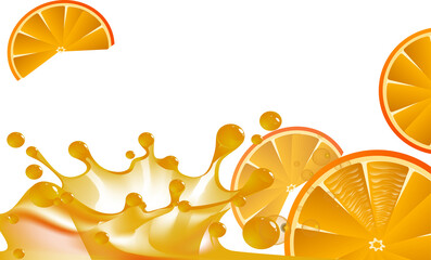 Transparent juice splash with orange slices. Horizontal illustration of splashes and fruit.