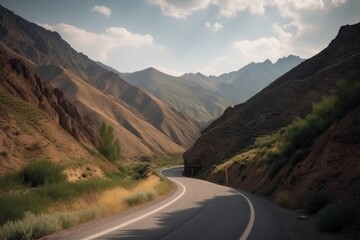 scenic road trip through mountains, with dramatic peaks and winding roads, created with generative ai