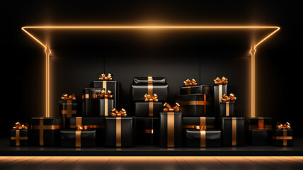 Fototapeta premium Black Friday Super Sale. Shelf and podium with realistic black gifts boxes with gold bows. Dark background, Neon frame, Blurry background, template, Bokeh, Copy Space, Generative AI