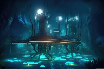 futuristic underwater research facility with glowing lights, created with generative ai