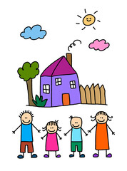 Obraz na płótnie Canvas Kid Drawing Happy Family With House Background
