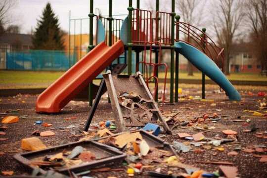 damaged playground equipment with debris around, created with generative ai