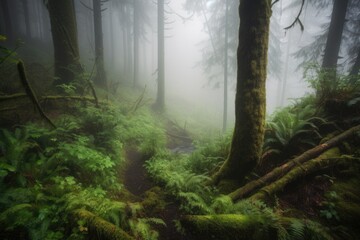 Obraz premium tranquil forest with misty morning fog, perfect for meditation, created with generative ai