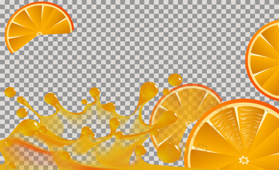 Transparent juice splash with orange slices. Horizontal illustration of splashes and fruit.  Realistic vector illustration.