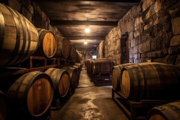 whiskey barrels aging in a dimly lit cellar, created with generative ai