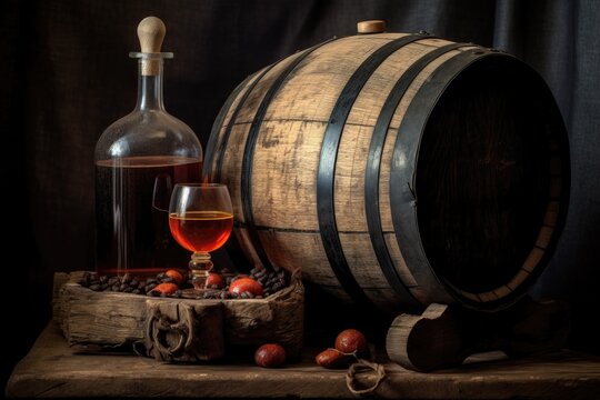 whiskey barrel with a glass and bottle on top, created with generative ai