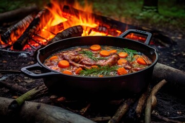 dutch oven stew simmering over a campfire, created with generative ai