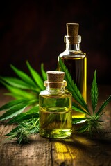 Obraz na płótnie Canvas Photo of a cannabis oil bottle and marijuana leaf .generative ai