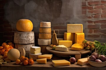 stacked cheese wheels with cellar brick background, created with generative ai