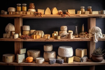 Fototapeta na wymiar variety of cheese types maturing on oak shelves, created with generative ai