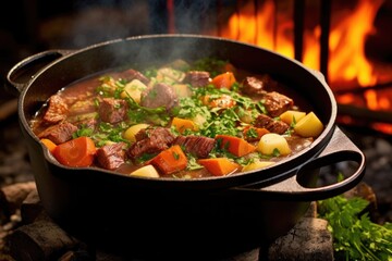 open dutch oven revealing thick, hearty stew inside, created with generative ai