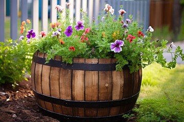 Fototapeta na wymiar barrel repurposed as a flower planter, created with generative ai