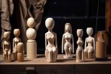 a set of unfinished wooden dolls waiting for decoration, created with generative ai