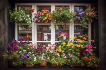 Fototapeta na wymiar colorful window garden overflowing with blooms and greenery, created with generative ai
