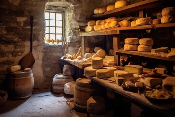 artisanal cheese production in a traditional cellar, created with generative ai