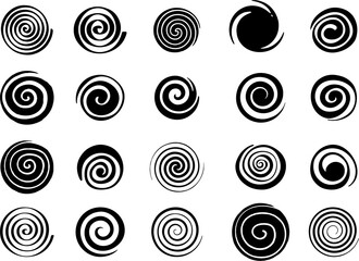 Set of spiral elements on white background.  Twisted swirl, circle twirl and circular wave elements, psychedelic hypnosis symbols, and geometric digital drawings.