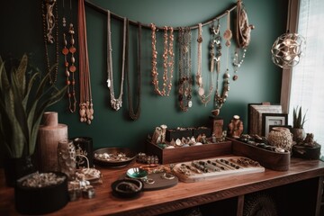 beautifully arranged display of jewelry, with necklaces and bracelets hanging from a clothes rack, created with generative ai - obrazy, fototapety, plakaty
