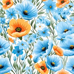 Beautiful seamless blue and orange flowers and leaves pattern