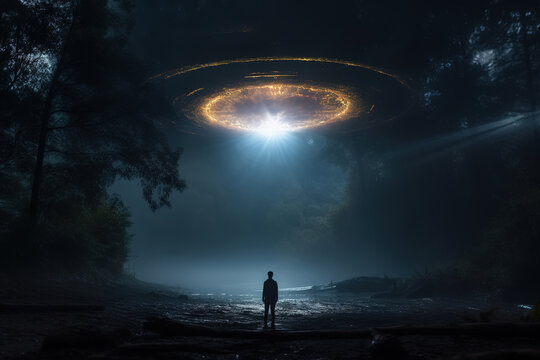 UFO in the night sky, silhouette of a man standing and looking at a flying saucer in the forest