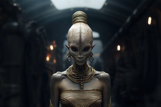 UFO female alien, bald female humanoid with rings jewelry looking at the camera, sci-fi illustration