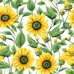 Fototapeta na wymiar Beautiful yellow seamless sun flowers and leaves pattern